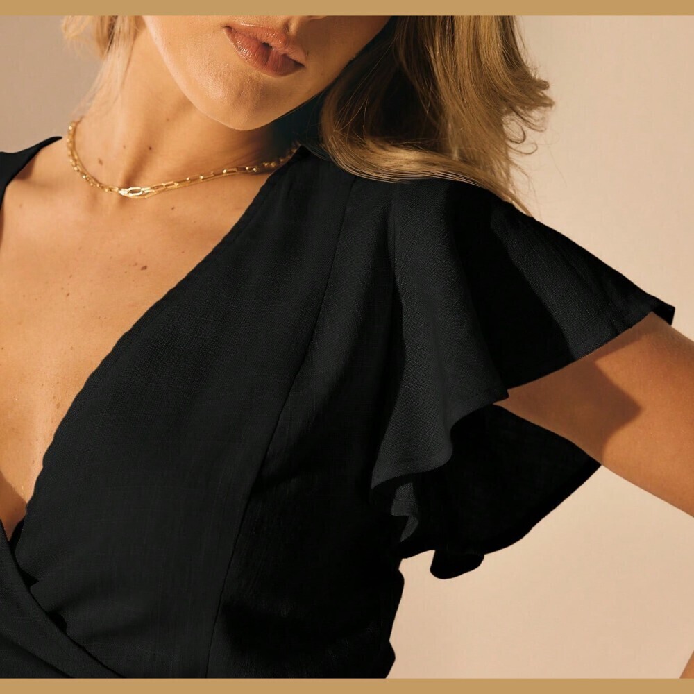 Black Wrap Front Blouse with Flutter Sleeves and Tie Waist - Picture 5 of 10